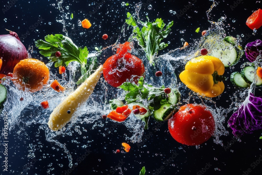 Poster dynamic splash of fresh vegetables and fruits in vivid colors against a dark backdrop with suspended