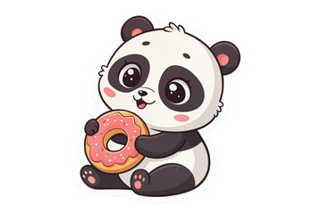 Fototapeta premium Sticker template with cute baby Panda with Donut isolated on transparent background - generated by ai