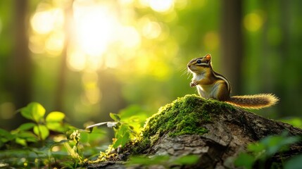 A cheerful chipmunk standing on a moss-covered rock in a dense forest, sunlight filtering through the trees.