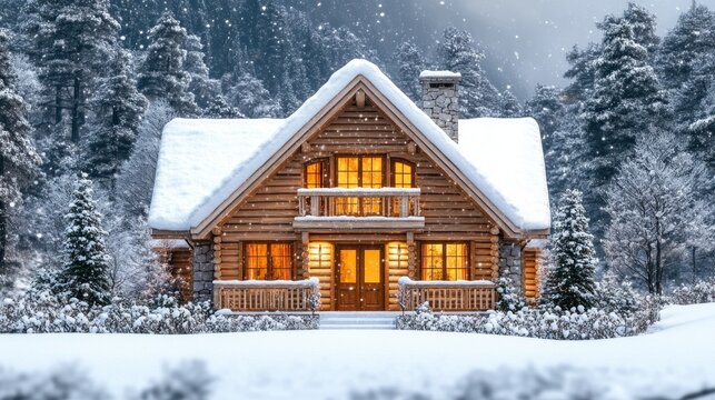 Cozy winter cabin nestled in snowy forest.  Warm light shines from windows