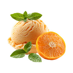 Two Scoops of Orange Ice Cream with Mint Leaves Isolated on Transparent Background
