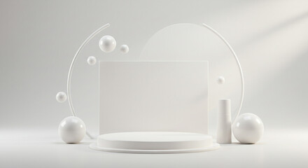 Serene white spheres dance around a minimalist platform, creating a peaceful and elegant display in soft, diffused light.