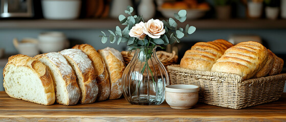 Slices of Crusty Bread with Roses and Eucalyptus Arranged on Wooden Table in Rustic Kitchen with Ambient Light