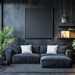 Dark interior with a gray couch, white pillows, a plant, and a black framed picture on the wall space
