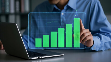 Businessman Points to Growing Graph on Holographic Display