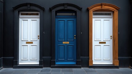 A stylish row of three ornate front doors against a dark wall. Two white doors with black and wooden frames flank a bold blue door, creating a balanced and elegant look—perfect for themes of choice, c