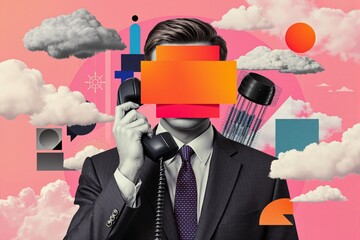 Businessman in suit holding a telephone, face obscured by geometric shapes, surrounded by surreal elements like clouds and abstract forms on a pink background. Ai generative
