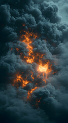 Swirls of grey clouds illuminated by the fiery glow of an unknown source creating a dramatic and visually arresting com