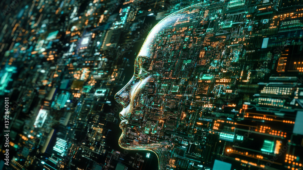 Poster futuristic digital face composed of intricate circuitry and glowing elements representing technology