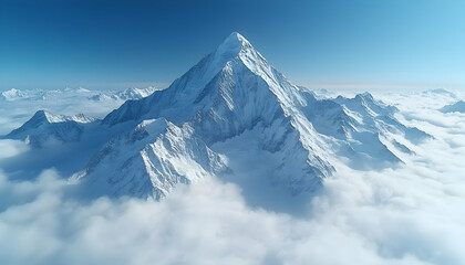 Obraz premium Snow Covered Mountain Peak Emerging from Cloudscape Under a Clear Blue Sky in Winter Landscape