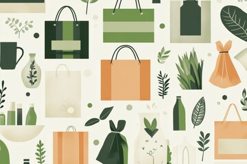 Stylish background showcasing reusable grocery bags and sustainable packaging in fresh green and beige tones Generative AI