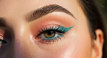 Obraz premium Close-up of a woman’s eye showing vibrant makeup against a natural background 