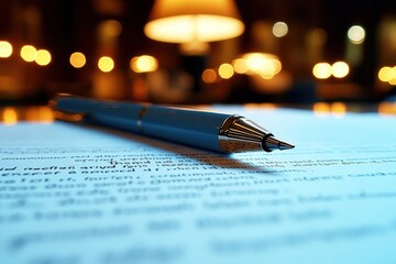 Close-up exploration of typed essay text revealing intricate details and reflections of a warm ambiance