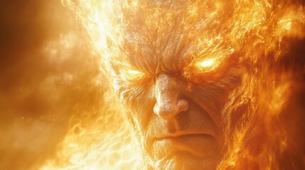 Obraz premium A fiery figure with glowing eyes, embodying a powerful and intense presence, surrounded by a swirling flame-like aura.