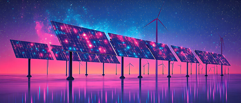 Solar Panels and Wind Turbines Producing Clean Energy at Sunset in a Pink and Purple Sky
