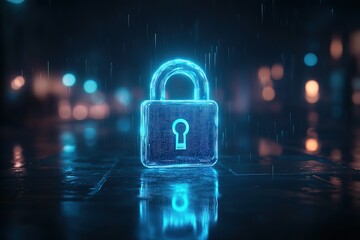 Blue - glowing padlock icon set against a rainy night background