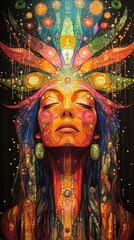 Fototapeta premium A vibrant, abstract portrait of a woman, showcasing intricate patterns and colors, symbolizing spirituality and nature's connection.