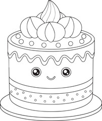 A cheerful cake with a whimsical smile and fluffy frosting, ready for a joyful celebration in a simple line drawing style.