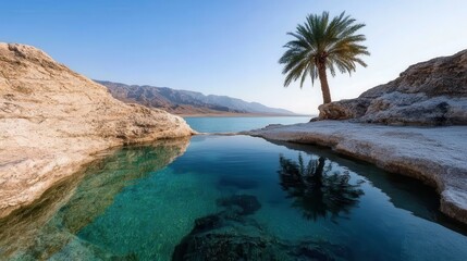 A serene view of a tranquil oasis featuring a palm tree reflecting in crystal clear water, surrounded by rocky cliffs and mountains in the background, evoking peace.