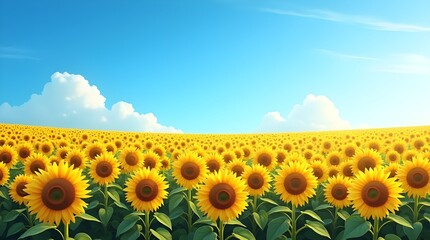 Obraz premium a golden sunflower field stretching endlessly under a vibrant blue sky, with the flowers gently swaying in the warm summer breeze.