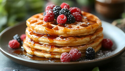 Stack of Golden Waffles Drizzled with Sweet Syrup Topped with Fresh Raspberries and Blackberries on a Dark Plate with Powdered Sugar Garnish