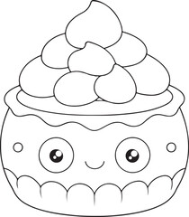 A cheerful cupcake character with fluffy frosting, big eyes, and a sweet smile, outlined in simple black and white.