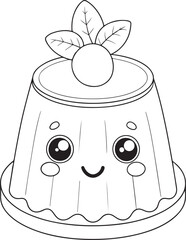 A cheerful jelly dessert with big eyes and a happy smile, topped with a berry and mint leaves in a simple line art style.
