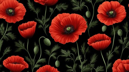 Seamless pattern featuring beautiful red poppy flowers with vibrant green leaves, set against a bold black background. Desktop wallpaper.