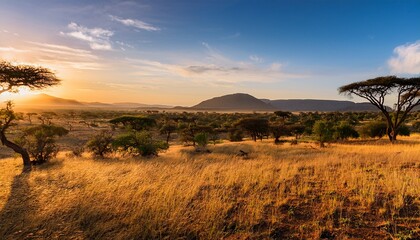 Obraz premium A beautiful view of the safari with trees and hills during golden hour; wild safari landscape overlooking the desert, trees and mountains; scenic view of the sunset over the safari landscape; Africa