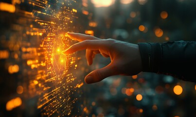 Hand interacting with glowing digital interface displaying complex data visualizations and connections