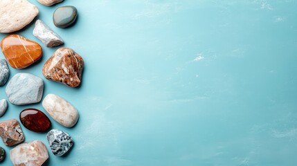 A visually appealing assortment of various polished stones rests on a light blue surface, showcasing different colors and textures, creating a serene and natural aesthetic.