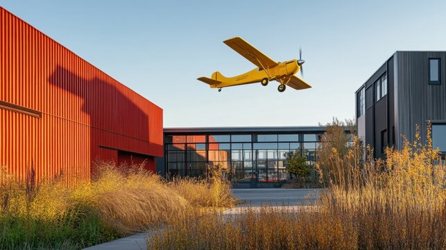 A vibrant yellow plane flies low between two modern urban buildings under a clear sky, creating a striking contrast and a sense of dynamic movement.