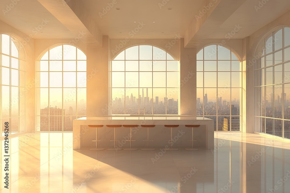 Poster bright interior with large arched windows and a city view featuring a counter and stools in the cent