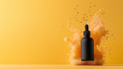 A minimalistic black dropper bottle emerges dramatically from a cloud of bright orange powder, embodying innovation, vitality, and artistic flair against a soft yellow backdrop.