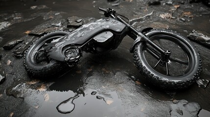 Dark, futuristic motorcycle resting on a wet, rocky terrain.  Wet,  black,  modern,  off-road,  electric,  adventure,  bike,  vehicle,  concept,  design