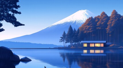Scenic landscape shows mount fuji lake and japanese architecture