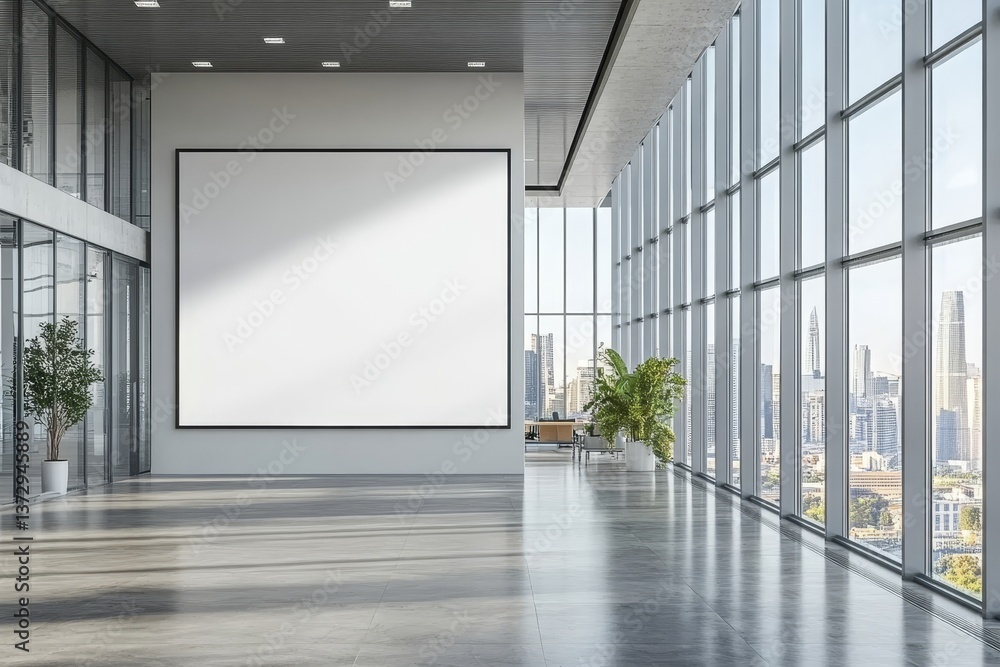 Aufkleber office lobby with large windows and a blank white canvas for advertising or design mockups displayed