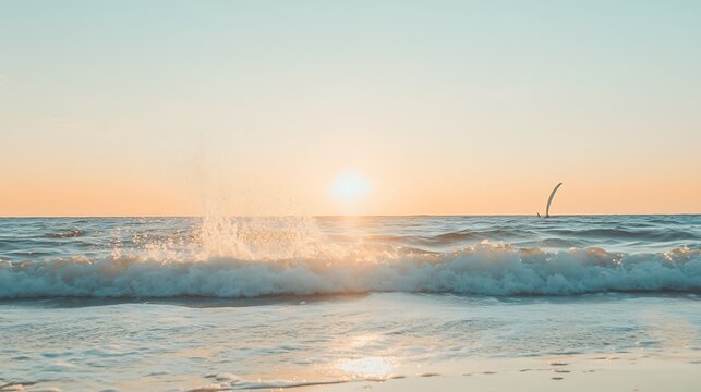 Windsurfing action against sunset waves ocean beach photography serene environment side view adventure concept