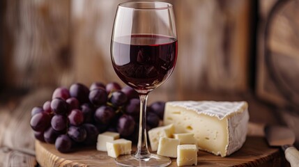 Charming presentation of red wine, varied cheeses, grapes, and knife on a rustic wooden platter