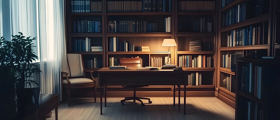 A quiet study space with a desk, chair, bookshelf, and lamp
