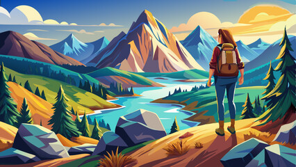 View from behind of a female hiker standing on the top of a mountain overlooking a beautiful scenic rocky mountain landscape and a lake. Gorgeous view from above