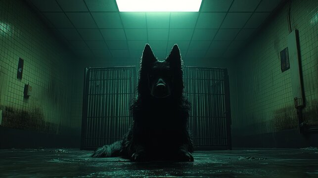 Dark, ominous dog in a neglected corridor