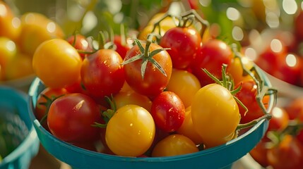 Colorful collection of organic tomatoes in retro display  red, yellow, orange, and brown varieties