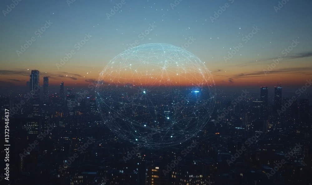 Poster cityscape at dusk with digital network overlay and connected global communications sphere visible ab