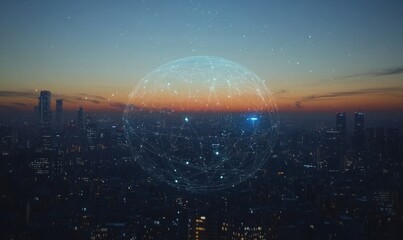 Cityscape at dusk with digital network overlay and connected global communications sphere visible above