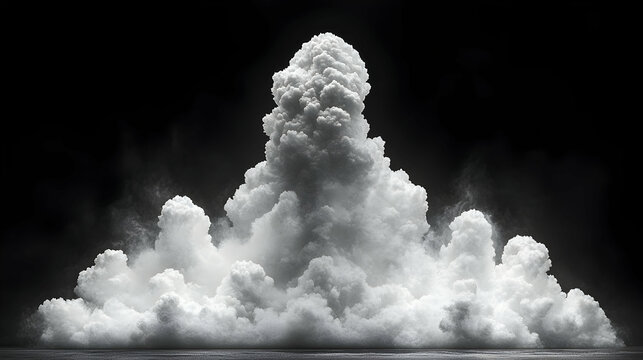 Towering plume of billowing white clouds rises against a stark black backdrop forming layers and peaks of textured vapo