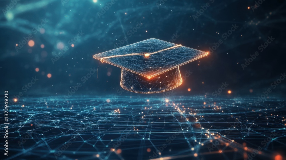 Poster abstract digital art of an open graduation cap made from glowing lines and dots, floating above a ne