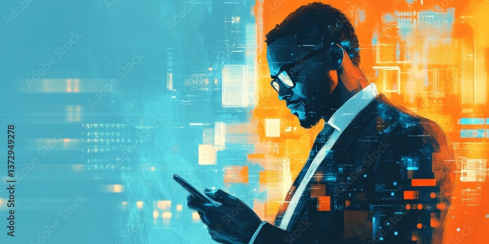 Poster a man in a suit looking at his phone with digital overlay and abstract background design elements