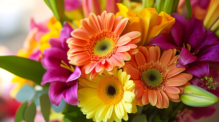 Fototapeta premium A colorful summer bouquet filled with gerbera daisies, lilies, and peonies, perfect for a bright and cheerful centerpiece.