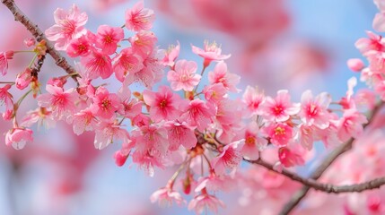 Obraz premium Beautiful spring banner showcasing pink sakura flowers against a vibrant blue sky